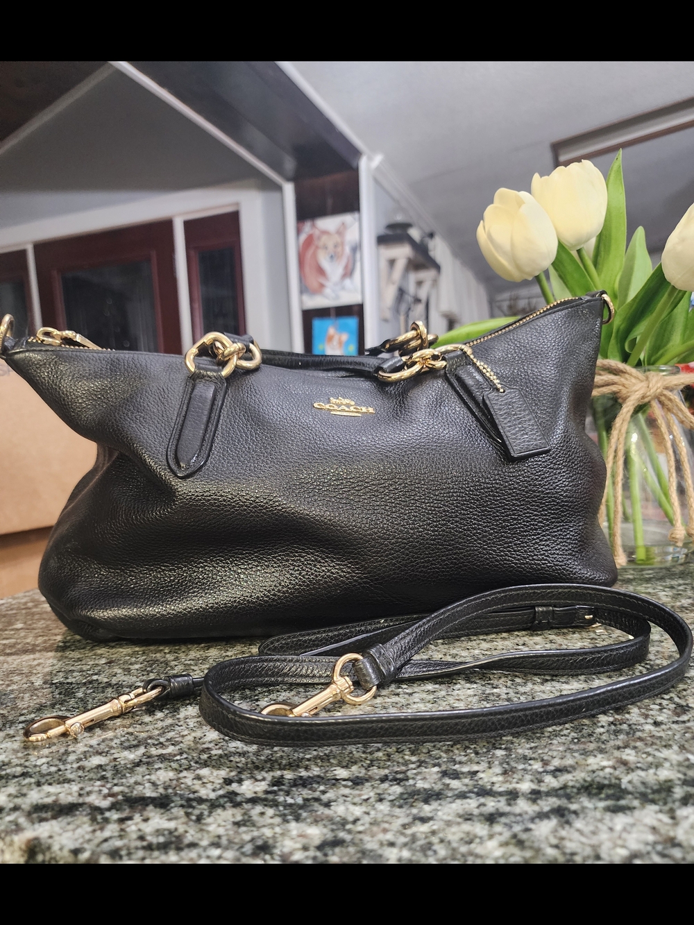 Coach Ally Black Pebbled Leather Convertuble Satchel with Gold Hardware